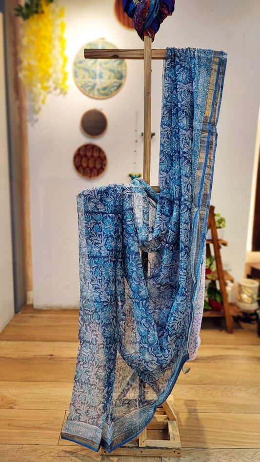 Oceanic Blue Kota Doria Saree with Handblock Prints & Golden Border