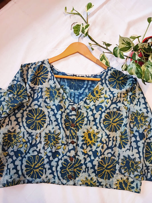 Blue, Yellow & White Floral Cotton Contemporary Blouse/Crop Top