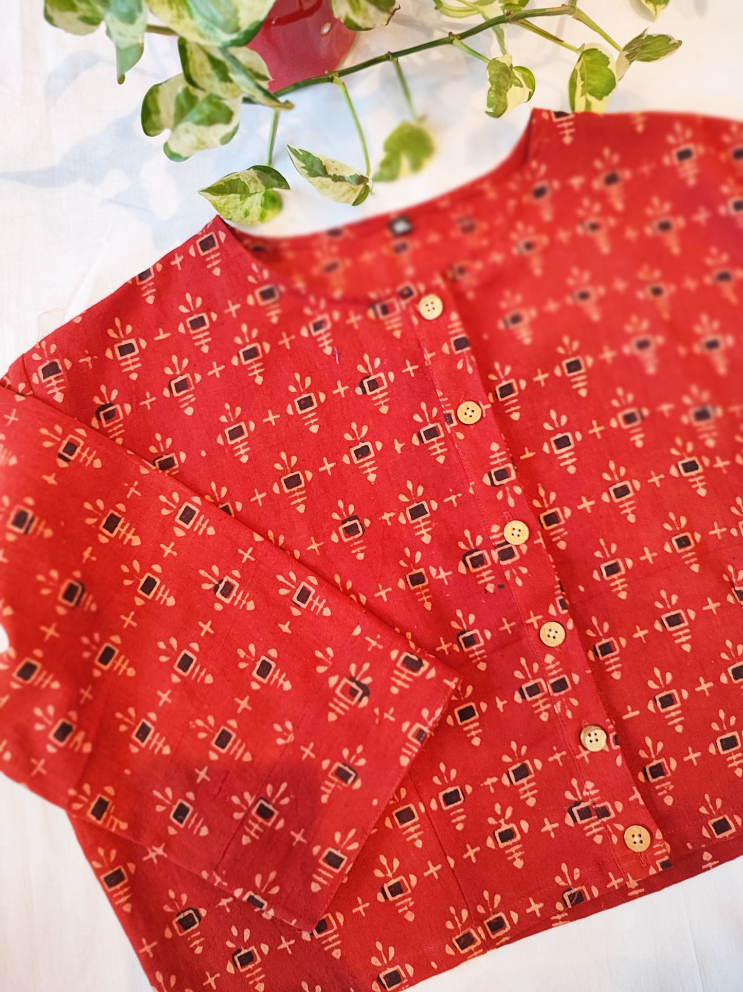 Red Pure Cotton Handblock Printed Contemporary Blouse/ Crop Top