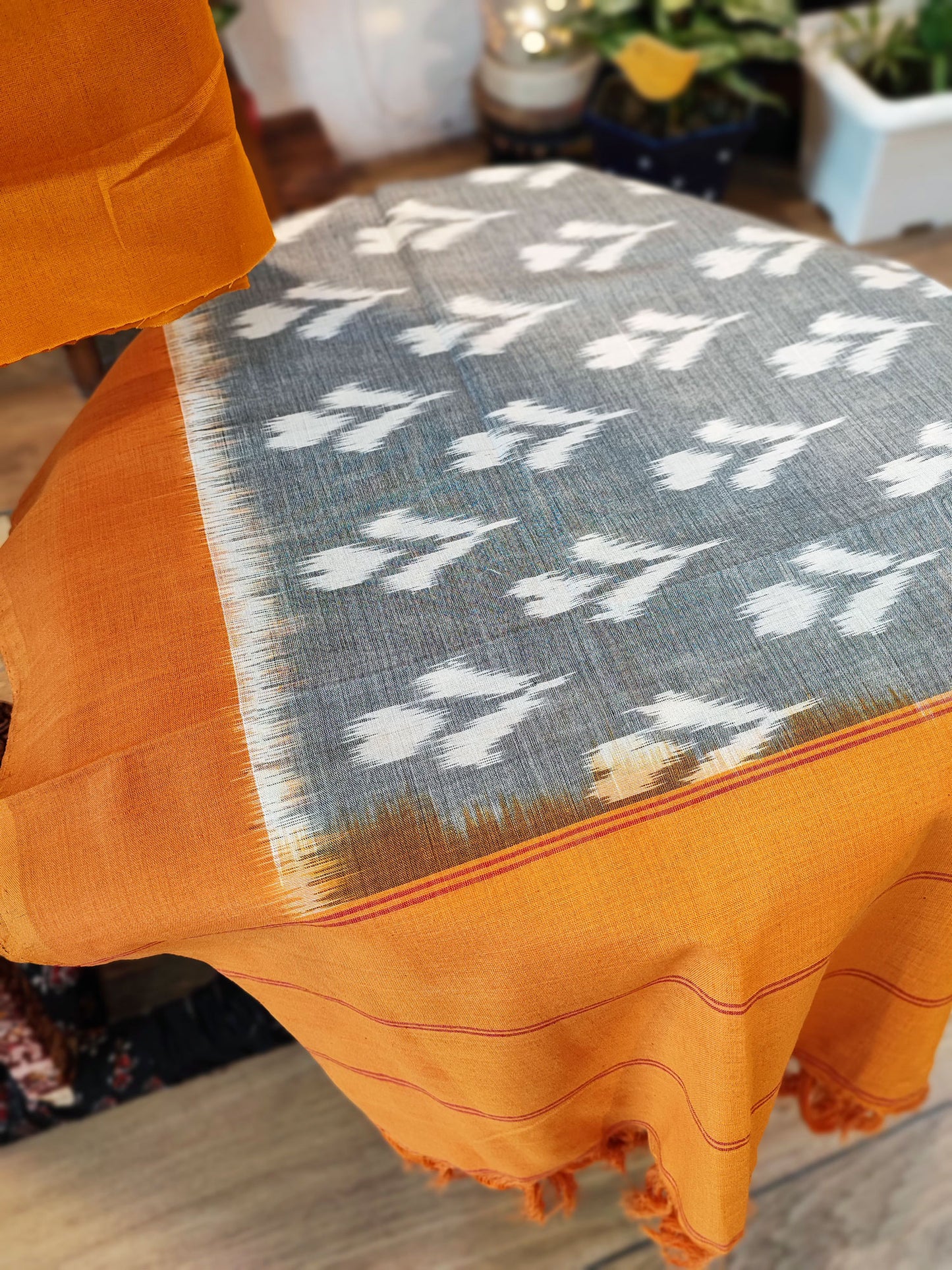 Marigold & Dark Gray Pure Cotton Handloom Ikkat Suit Set