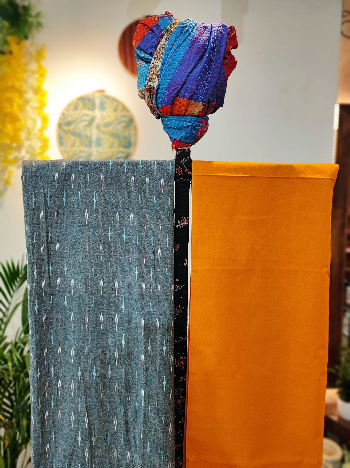 Marigold & Dark Gray Pure Cotton Handloom Ikkat Suit Set