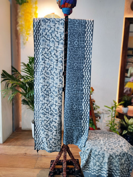 Denim Blue Cotton Suit Set with Vanaspati Handblock Floral Print