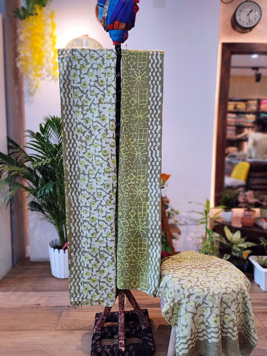 Olive Green Cotton Suit Set with Vanaspati Handblock Floral Print