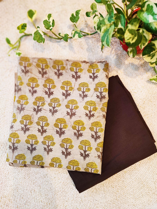 Chocolate & Yellow Cotton Kurta & Pant Material With Vanaspati Prints