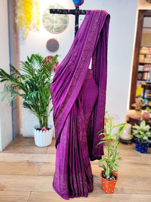 Midnight purple Premium Ajrakh Modal Silk Handblock Printed Saree