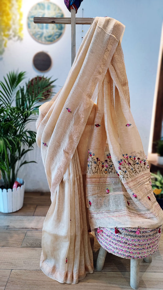 Cream Linen Silk Saree With Hand Embroidery and Zari Border