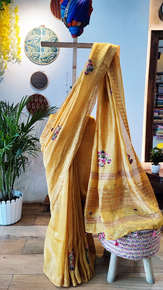 Mustard Linen Silk Saree With Floral Hand Embroidery