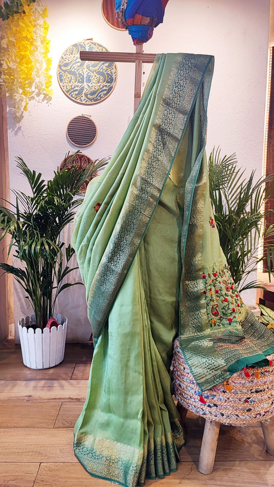 Fern Green Linen Silk Saree With Hand Embroidery and Zari Border