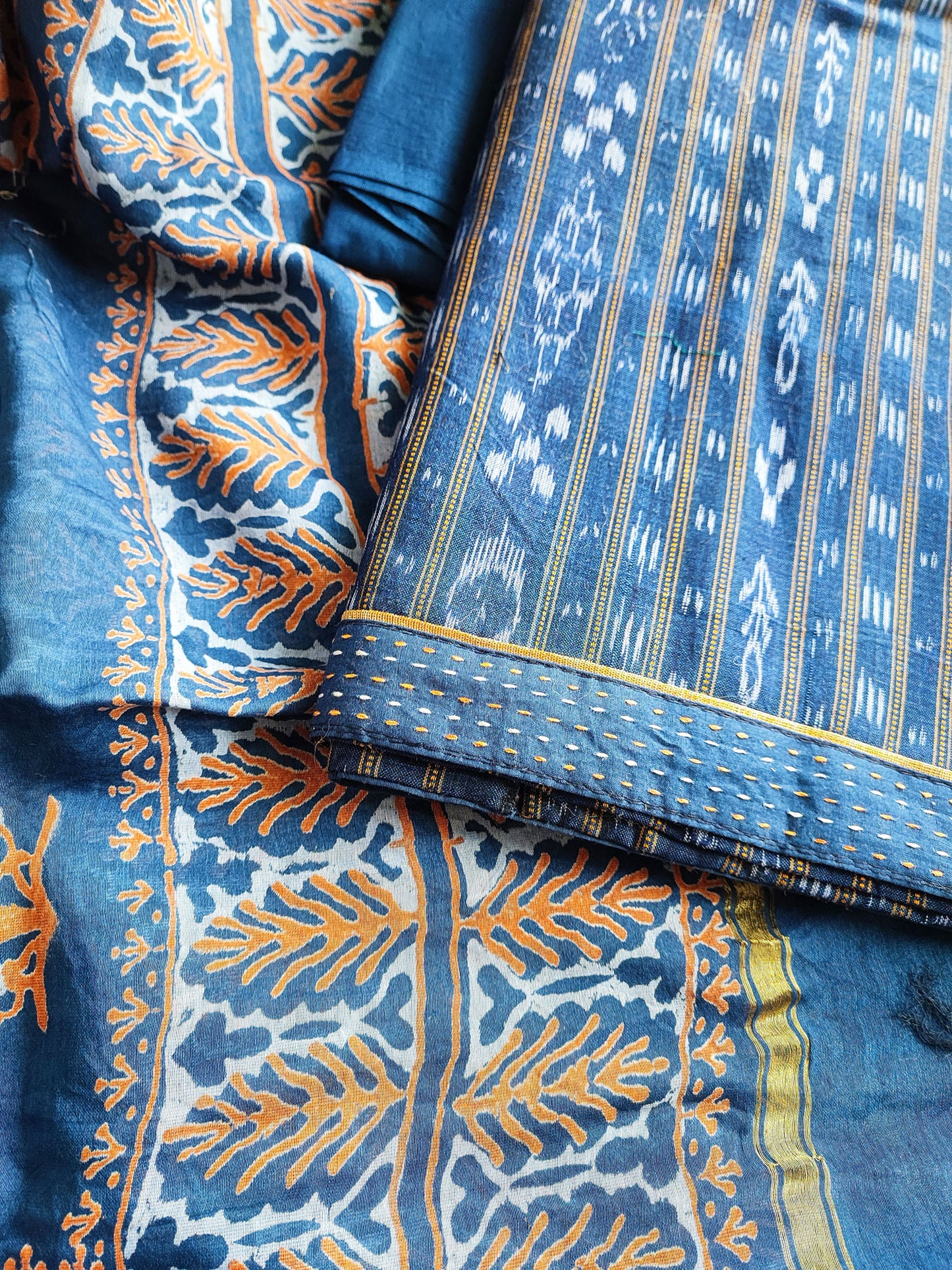 French Blue Ikkat Shirt & Bottom With Chanderi Silk Handloom Dupatta