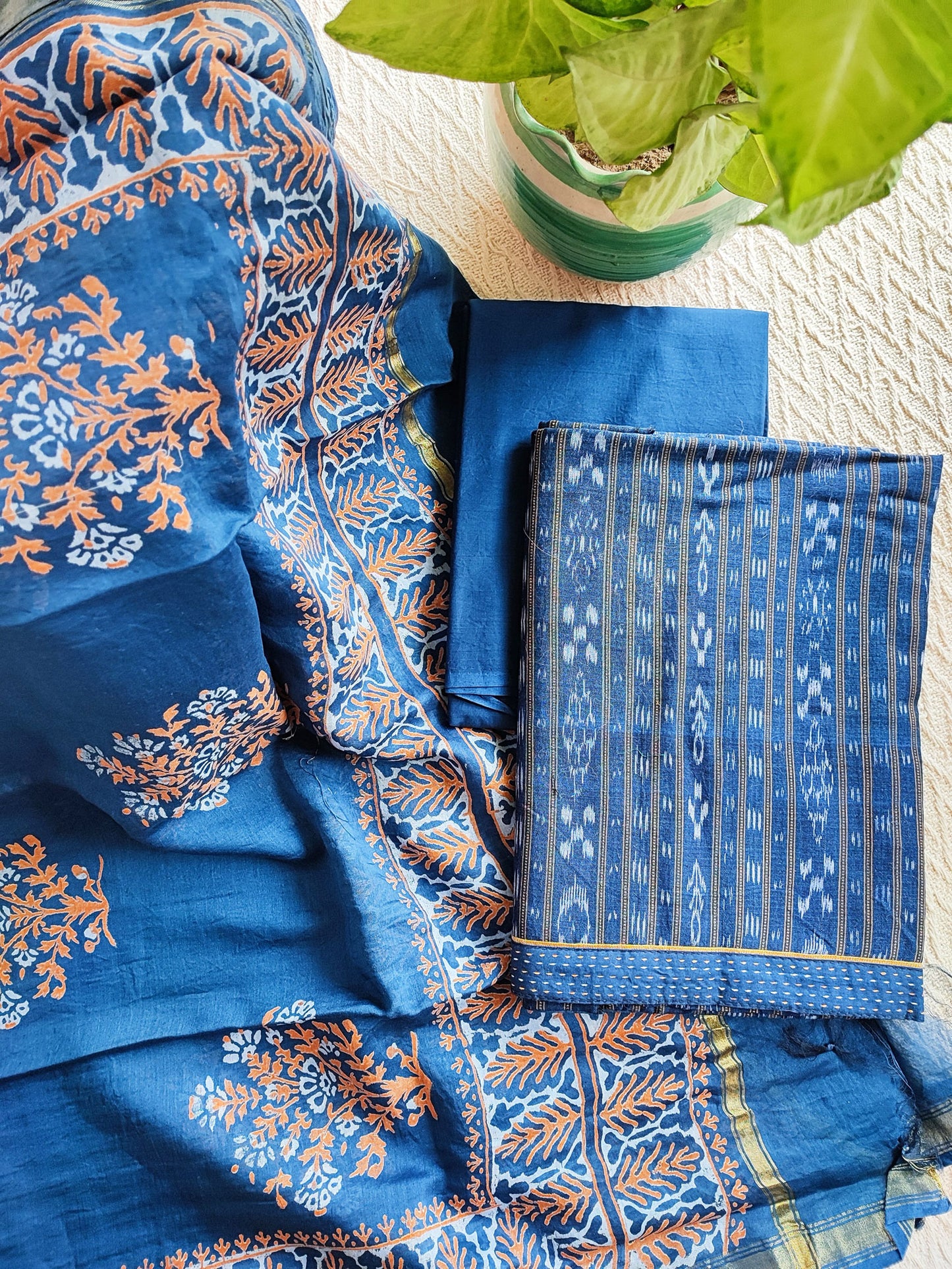French Blue Ikkat Shirt & Bottom With Chanderi Silk Handloom Dupatta
