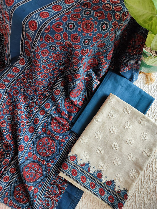 Yale Blue & Red Ajrakh Cotton Handblock Printed Suit Set