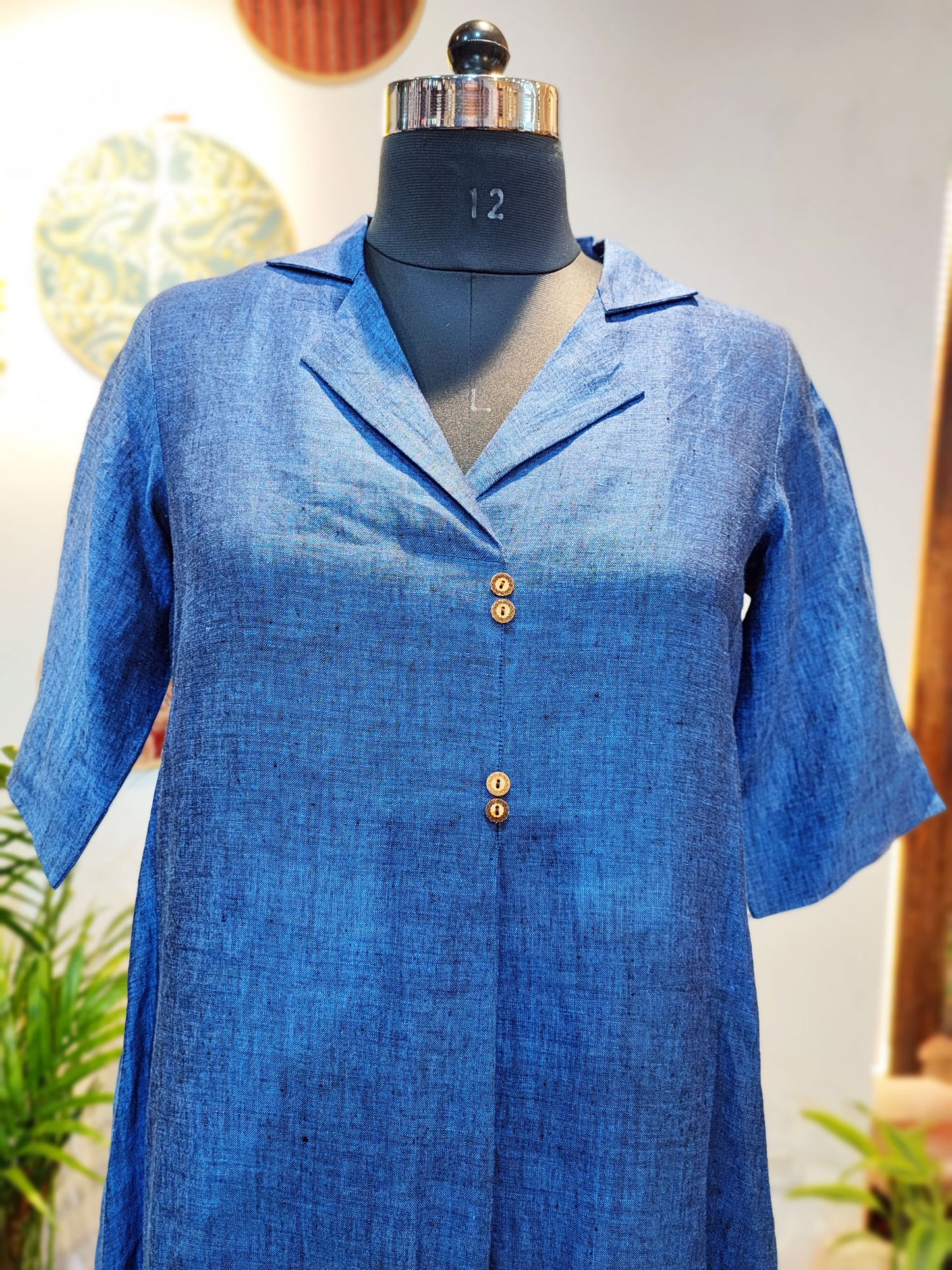 Cobalt Blue Linen Antifit Collared Dress/Kurta