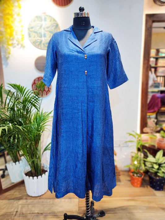 Cobalt Blue Linen Antifit Collared Dress/Kurta