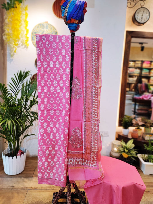 Flamingo Pink Cotton Suit Set with Chanderi Silk Dupatta