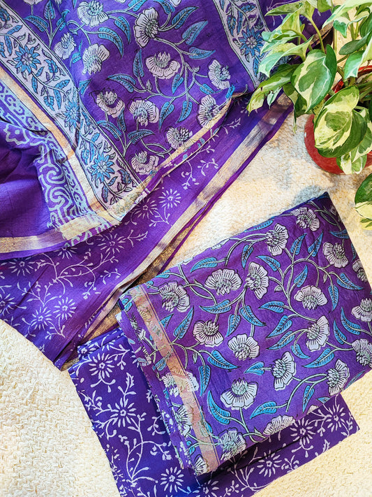 Dark Lavender Chanderi Silk Handblock Printed Suit Set