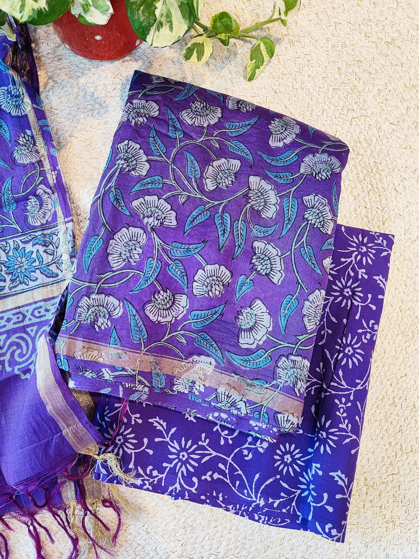 Dark Lavender Chanderi Silk Handblock Printed Suit Set