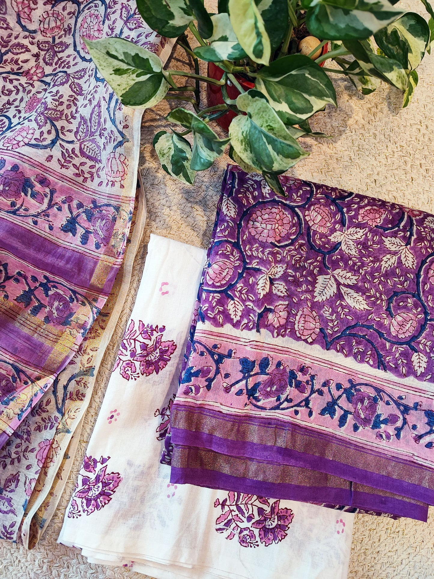 Ochre & Purple Chanderi Silk Handblock Printed Suit Set