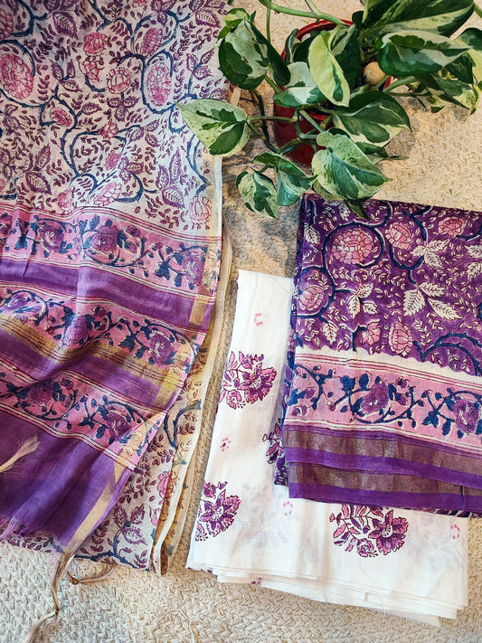 Purple & Pink Chanderi Silk Handblock Printed Suit Set