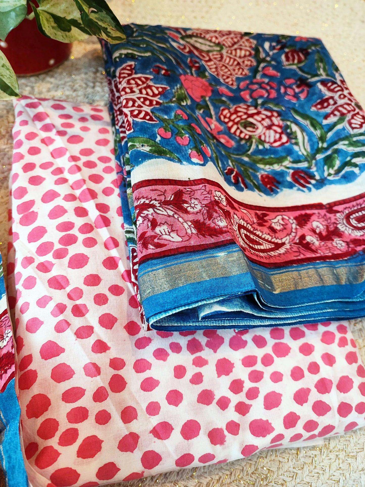 Blue & Pink Chanderi Silk Handblock Printed Suit Set