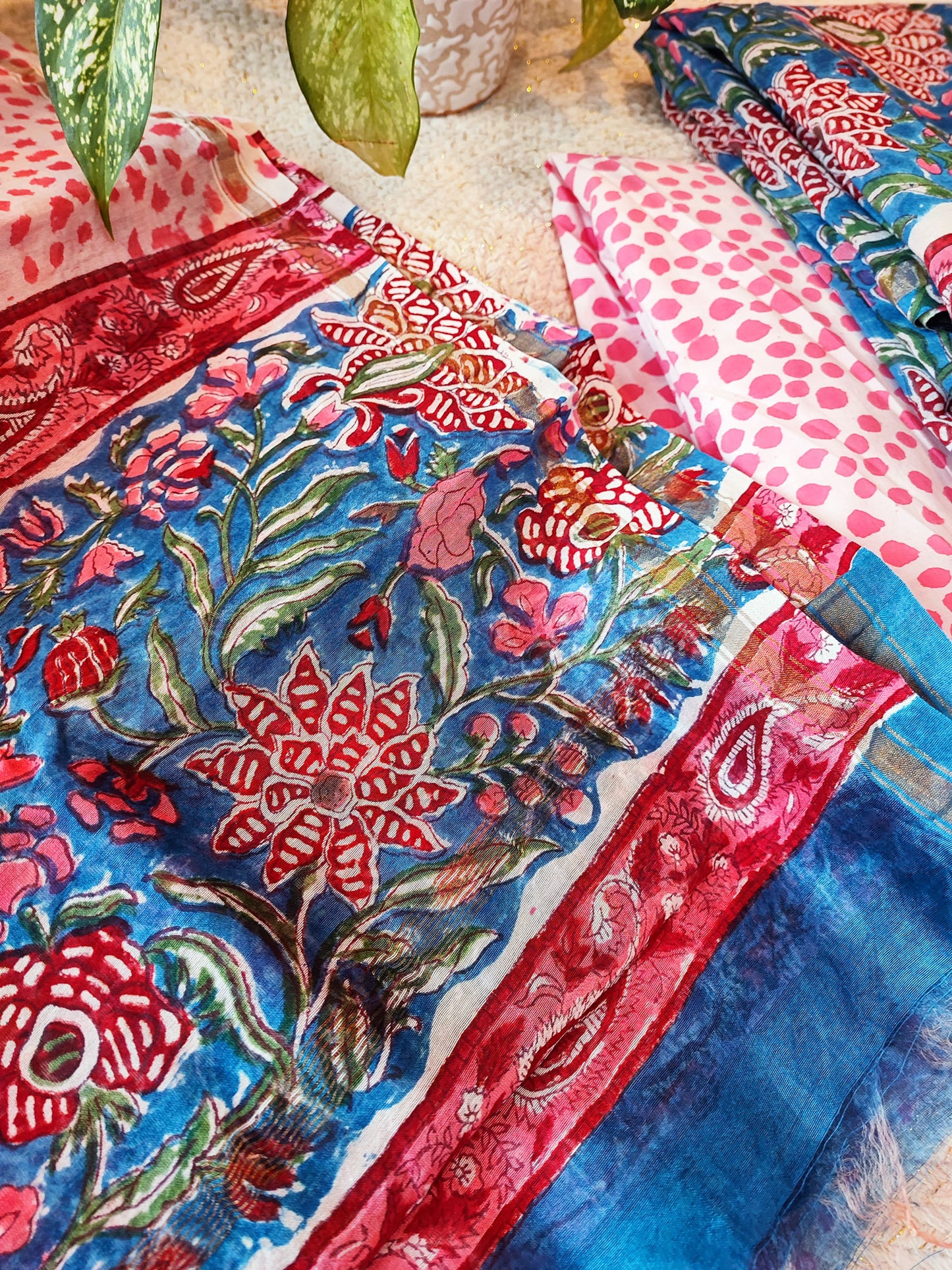 Blue & Pink Chanderi Silk Handblock Printed Suit Set