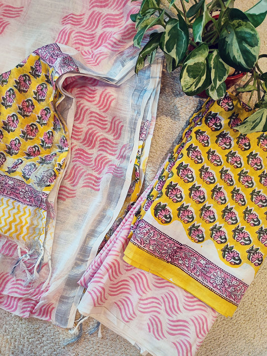 Empire Yellow & Pink Cotton Suit Set with Linen Dupatta