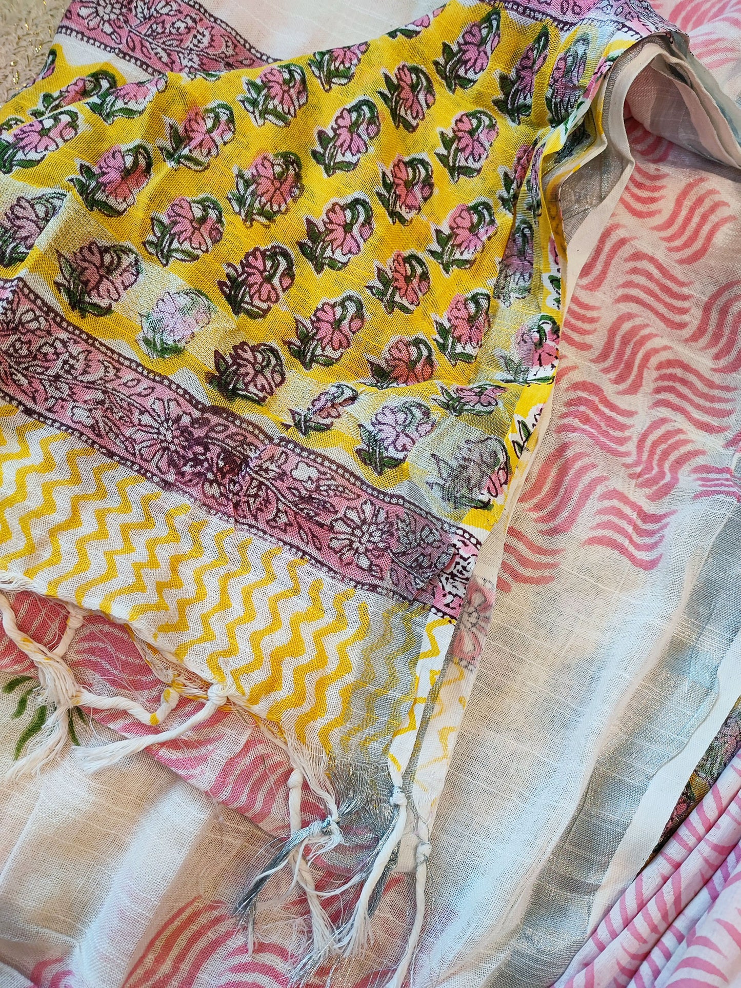 Empire Yellow & Pink Cotton Suit Set with Linen Dupatta