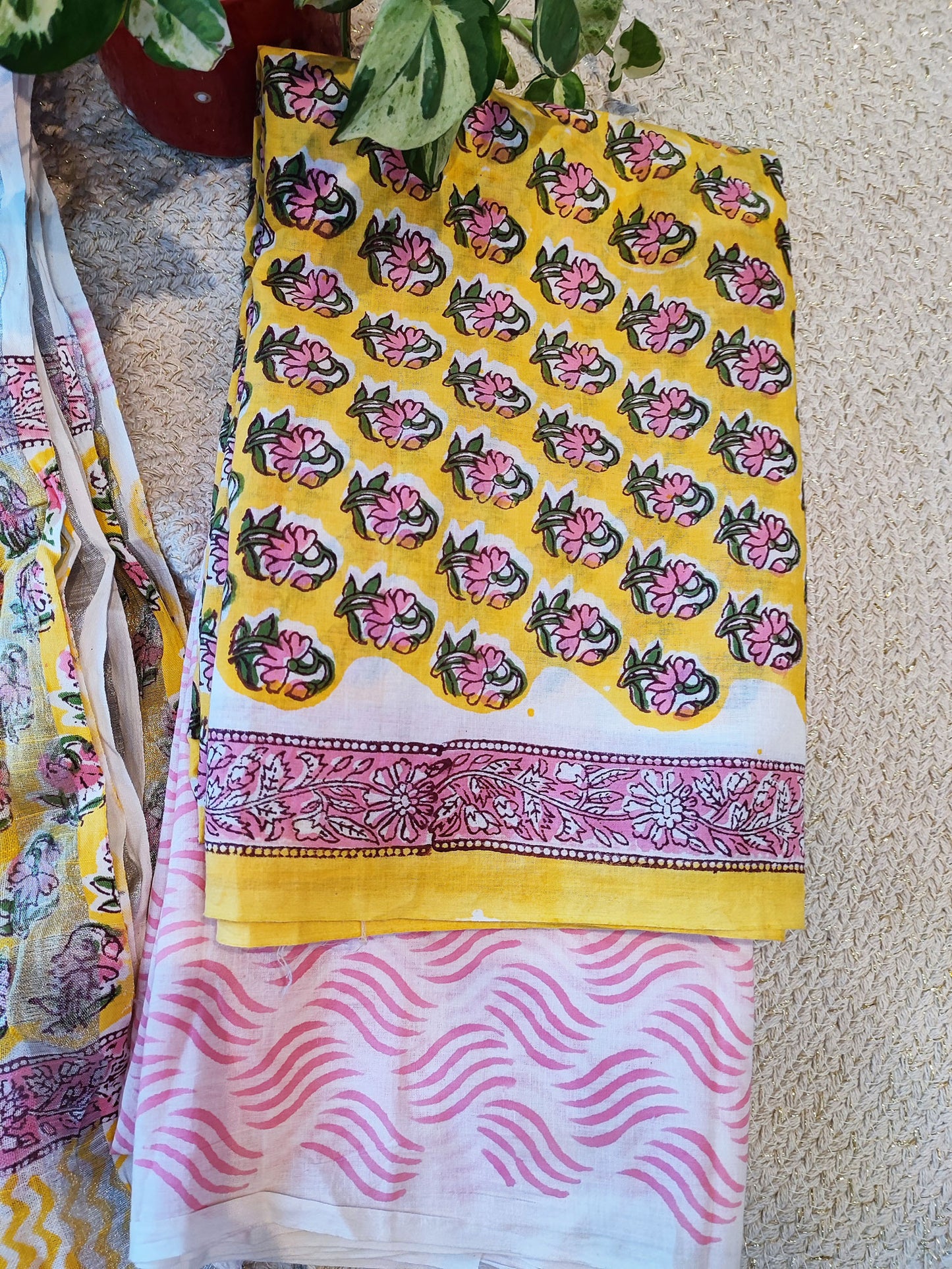 Empire Yellow & Pink Cotton Suit Set with Linen Dupatta