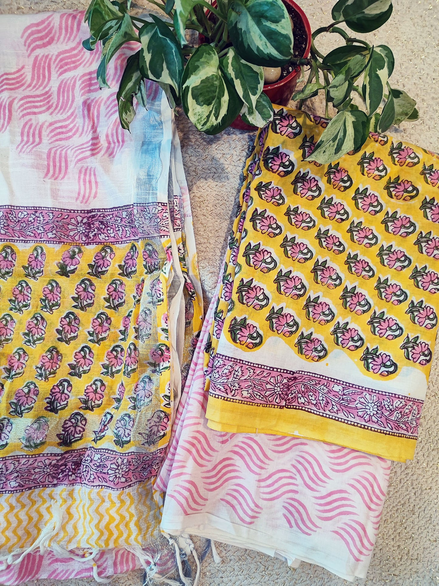 Empire Yellow & Pink Cotton Suit Set with Linen Dupatta