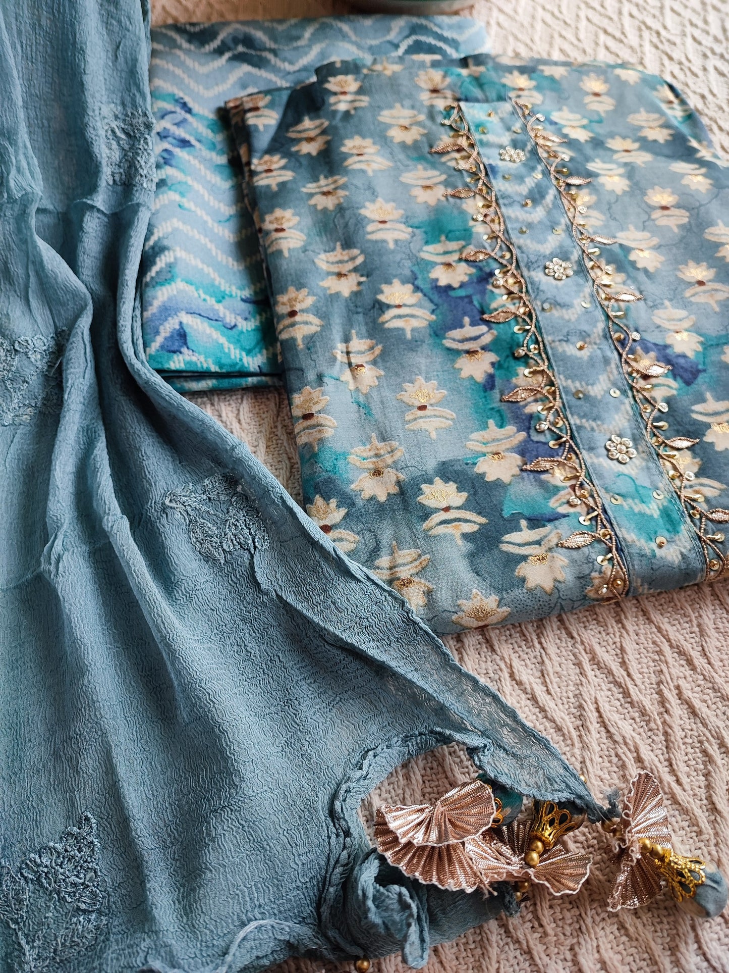 Denim Blue & Teal Modal cotton Handblock Printed & Embroided Suit Set with Chiffon Dupatta