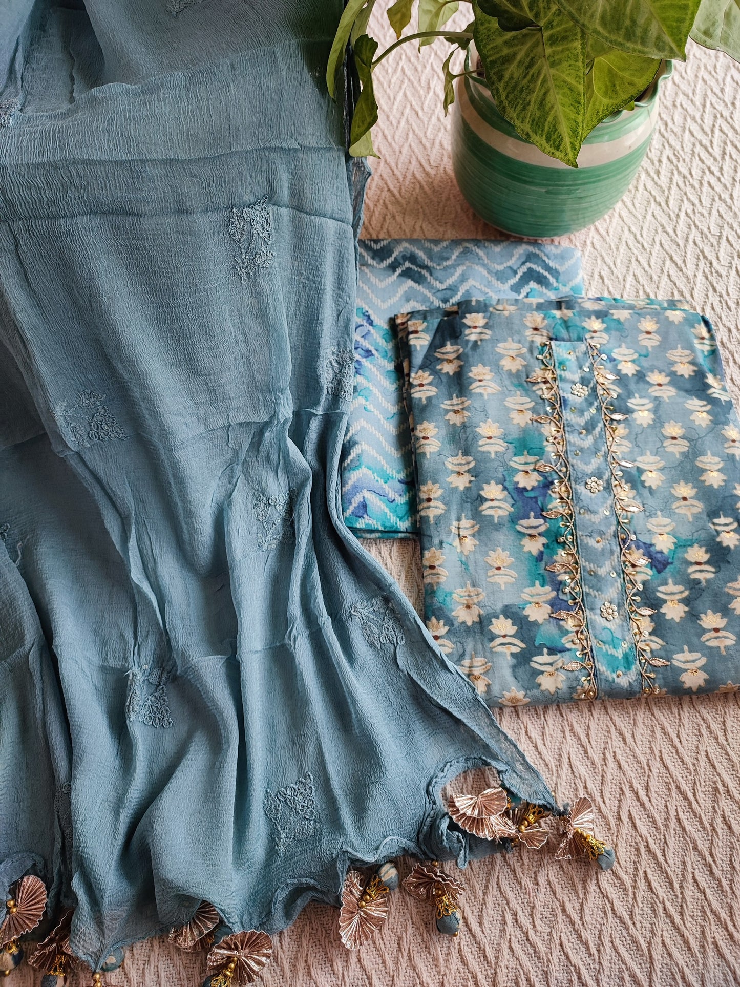 Denim Blue & Teal Modal cotton Handblock Printed & Embroided Suit Set with Chiffon Dupatta