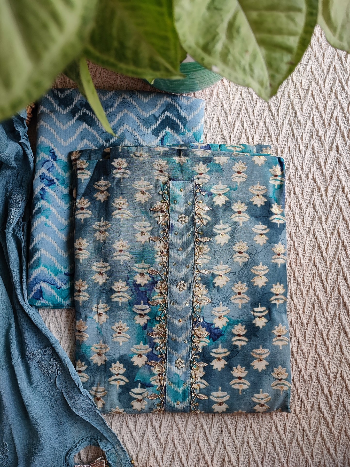 Denim Blue & Teal Modal cotton Handblock Printed & Embroided Suit Set with Chiffon Dupatta