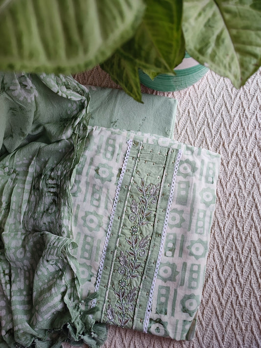 Pastel Green cotton Handblock Printed & Embroided Suit Set with Chiffon Dupatta