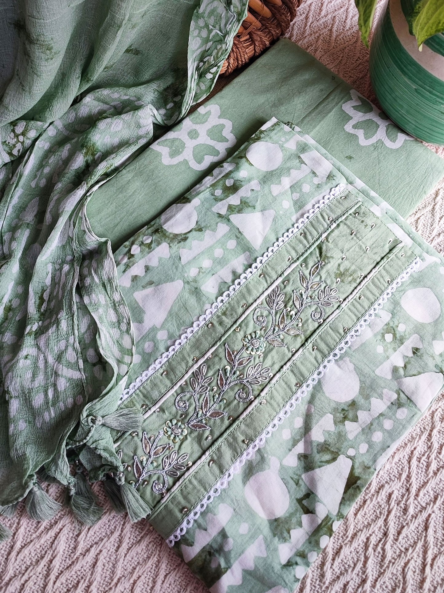 Fern Green Cotton Handblock Printed & Embroided Suit Set with Chiffon Dupatta