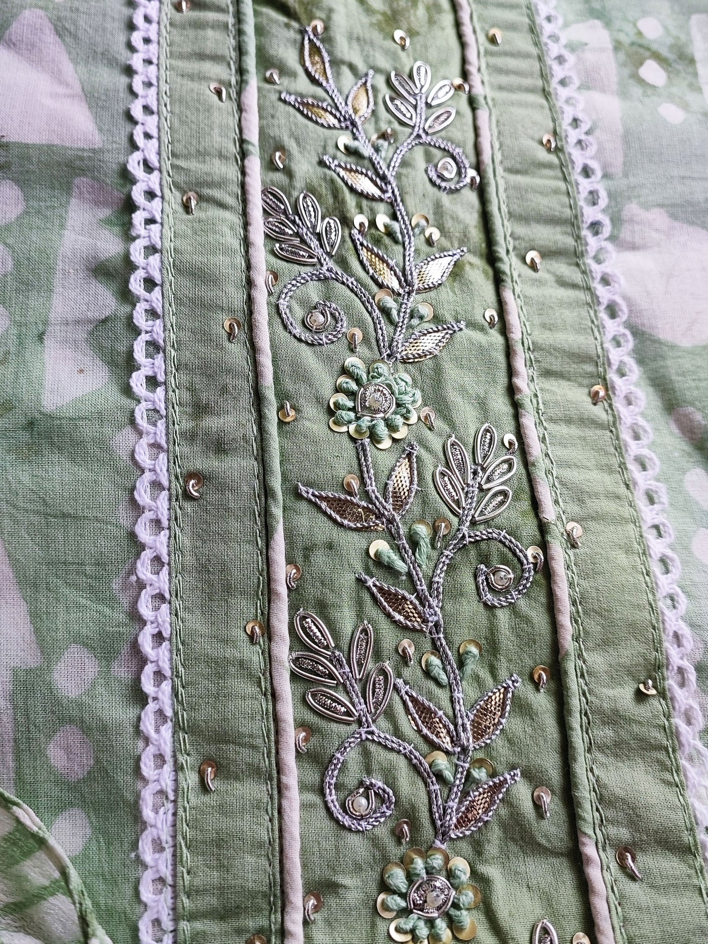 Fern Green Cotton Handblock Printed & Embroided Suit Set with Chiffon Dupatta