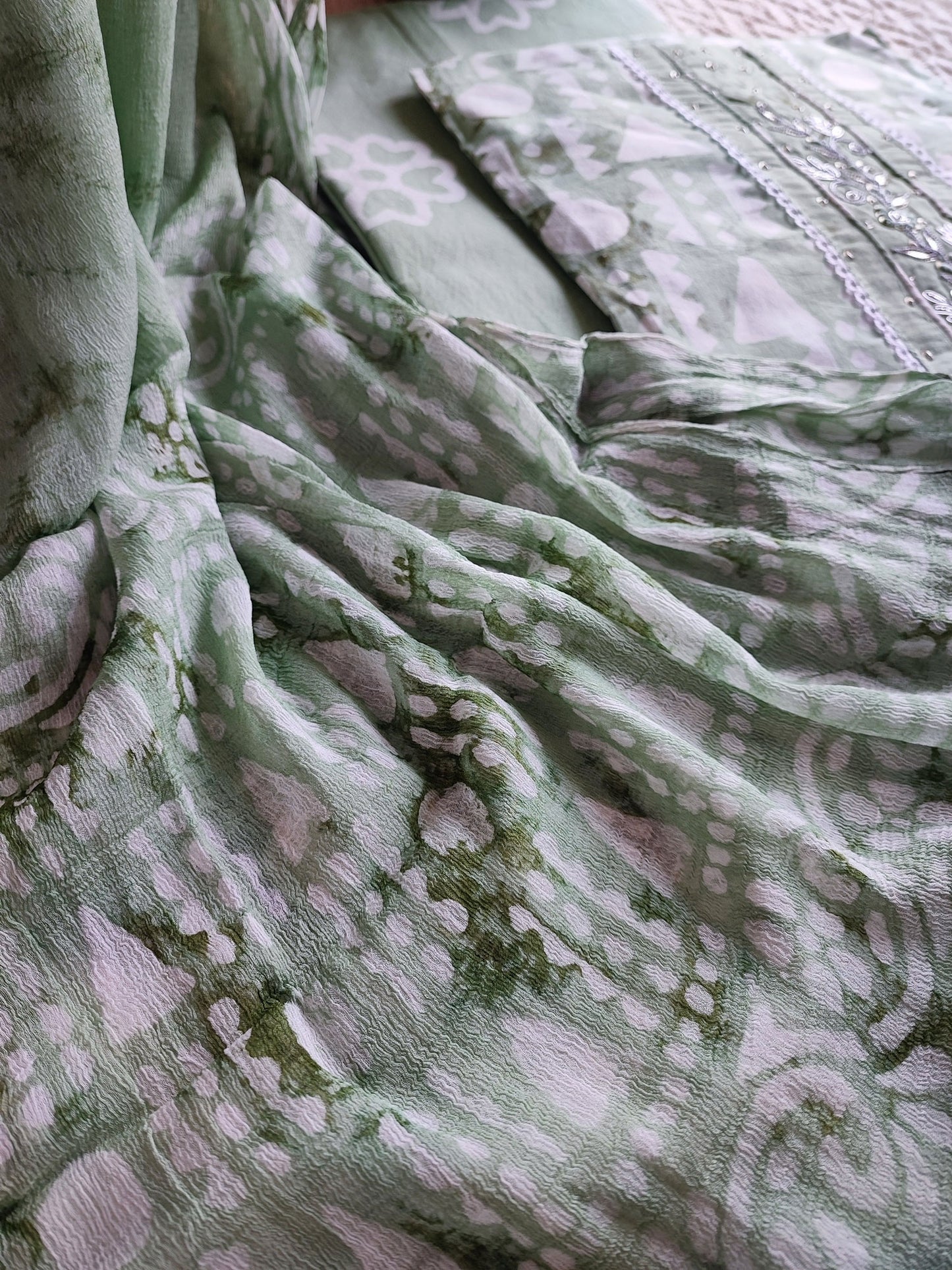 Fern Green Cotton Handblock Printed & Embroided Suit Set with Chiffon Dupatta