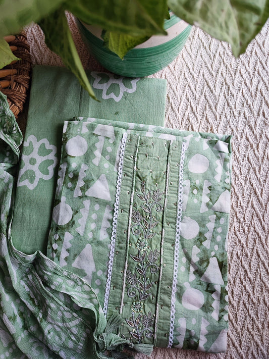 Fern Green Cotton Handblock Printed & Embroided Suit Set with Chiffon Dupatta
