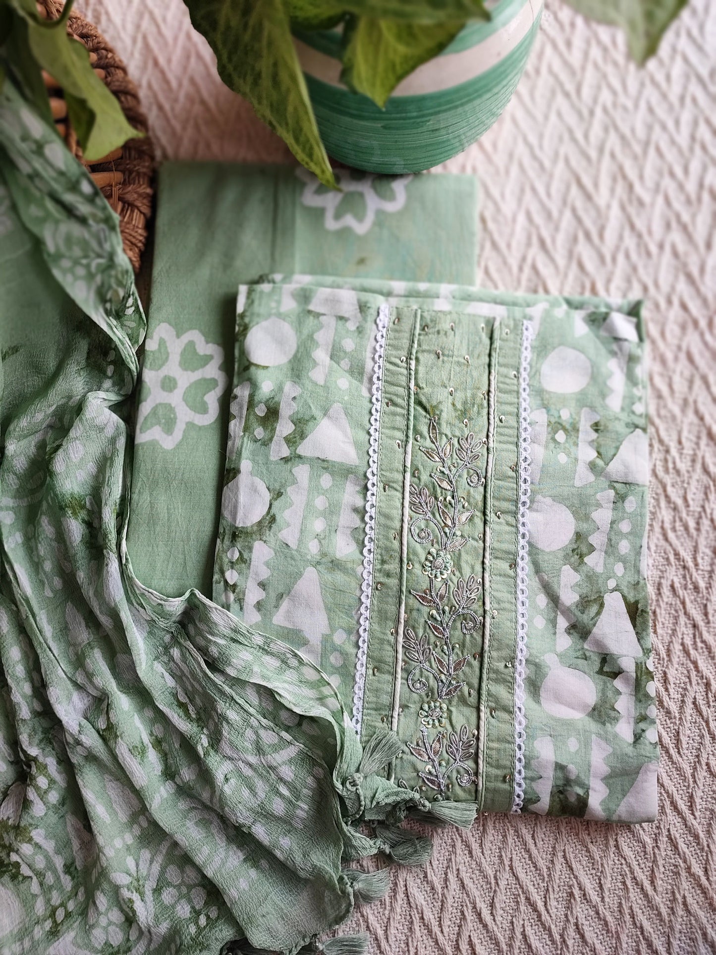 Fern Green Cotton Handblock Printed & Embroided Suit Set with Chiffon Dupatta