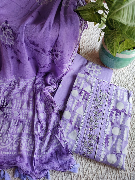 Lilac Cotton Handblock Printed & Embroided Suit Set with Chiffon Dupatta