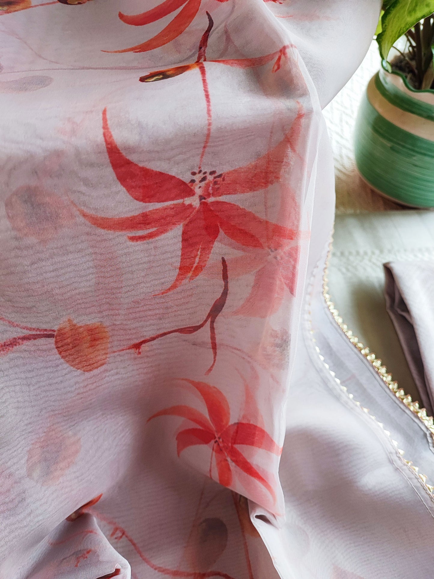 Chanderi Silk Suit with Gota Neck and Organza Hand Painted Dupatta