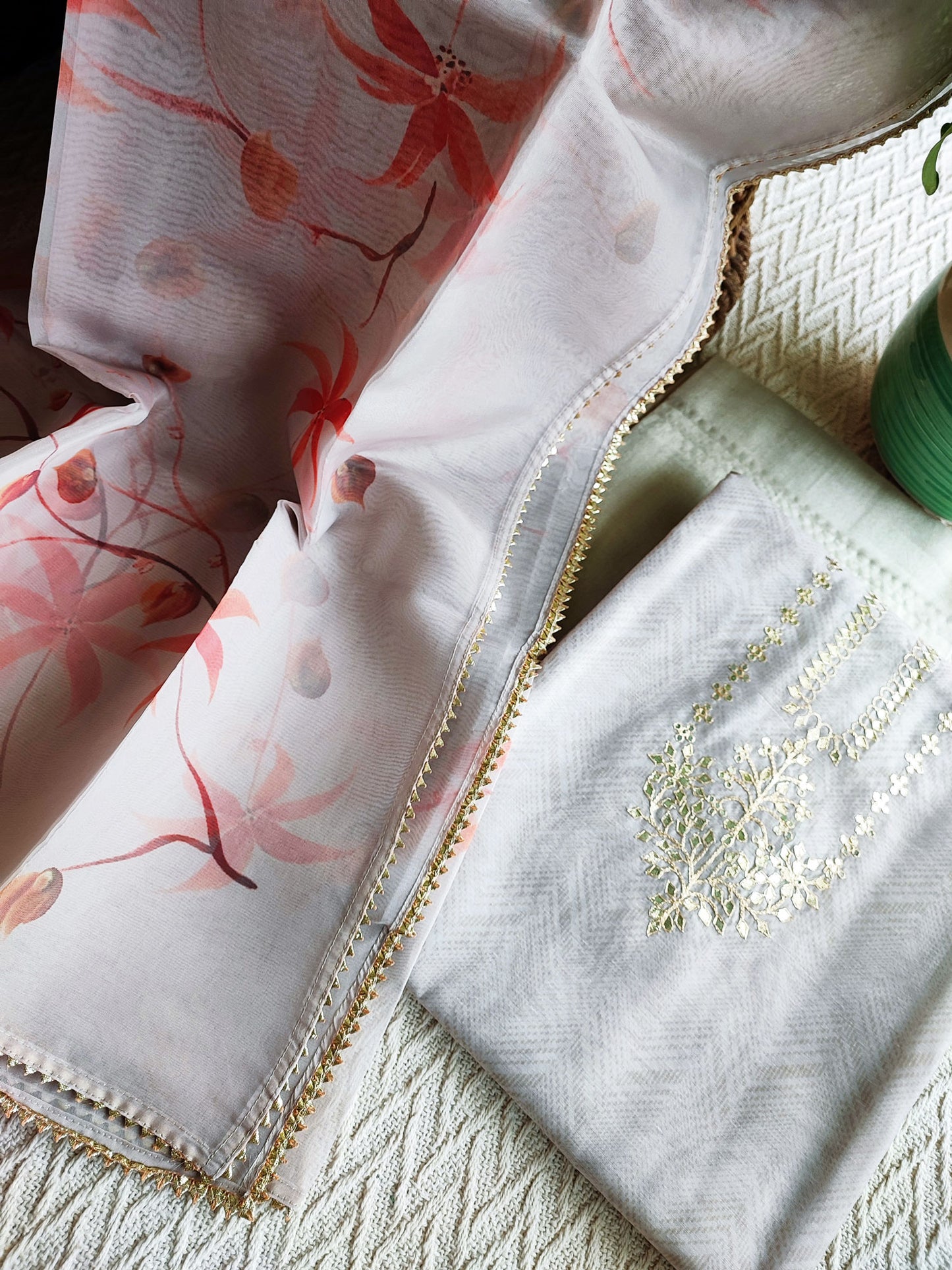 Chanderi Silk Suit with Gota Neck and Organza Hand Painted Dupatta