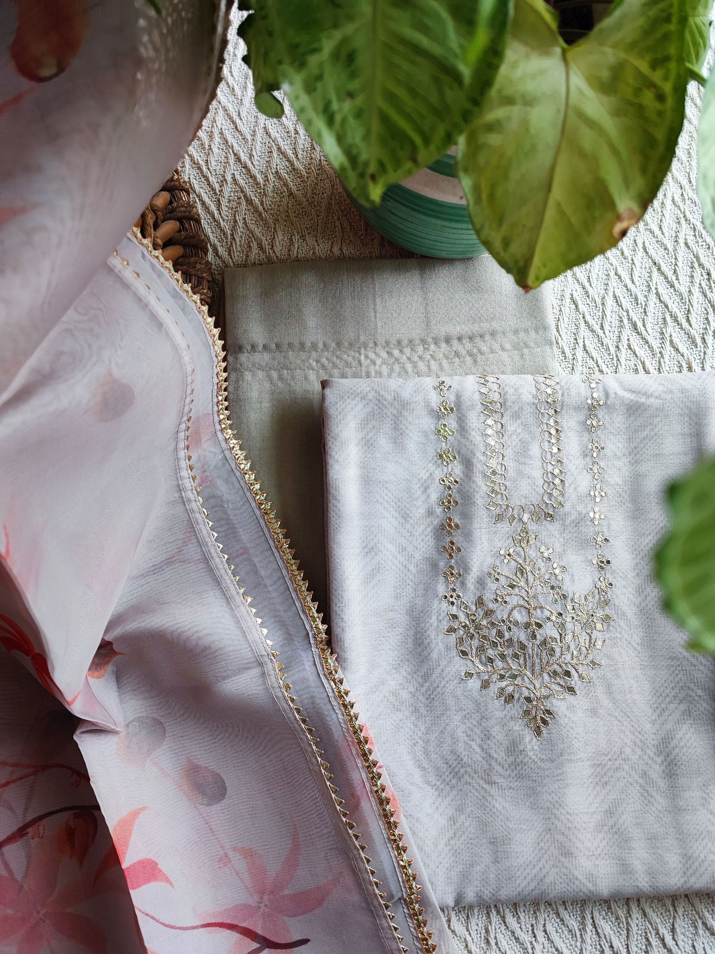 Chanderi Silk Suit with Gota Neck and Organza Hand Painted Dupatta