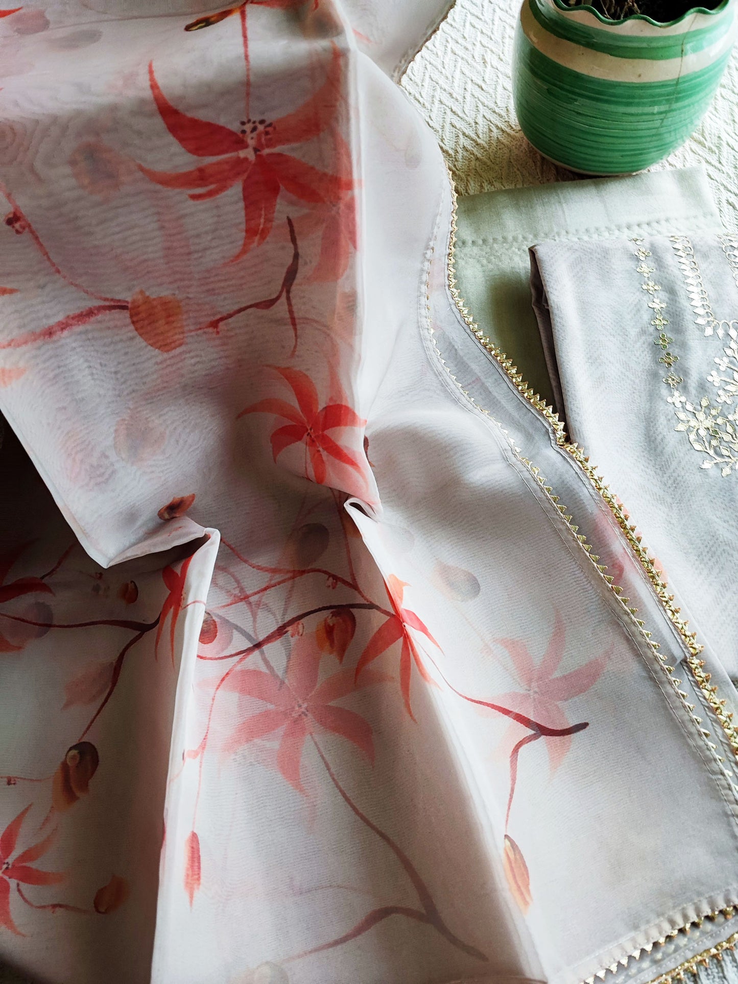 Chanderi Silk Suit with Gota Neck and Organza Hand Painted Dupatta