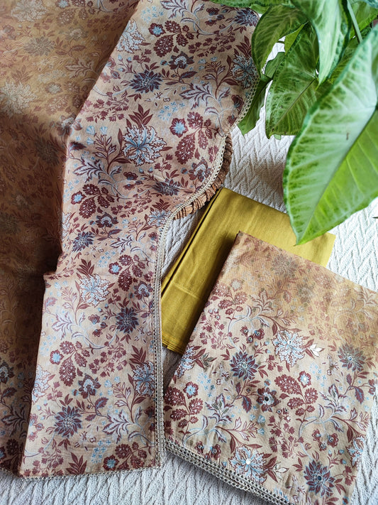 Beige & Brown Chanderi Silk Suit with Self Weaving Pattern & Chanderi Dupatta
