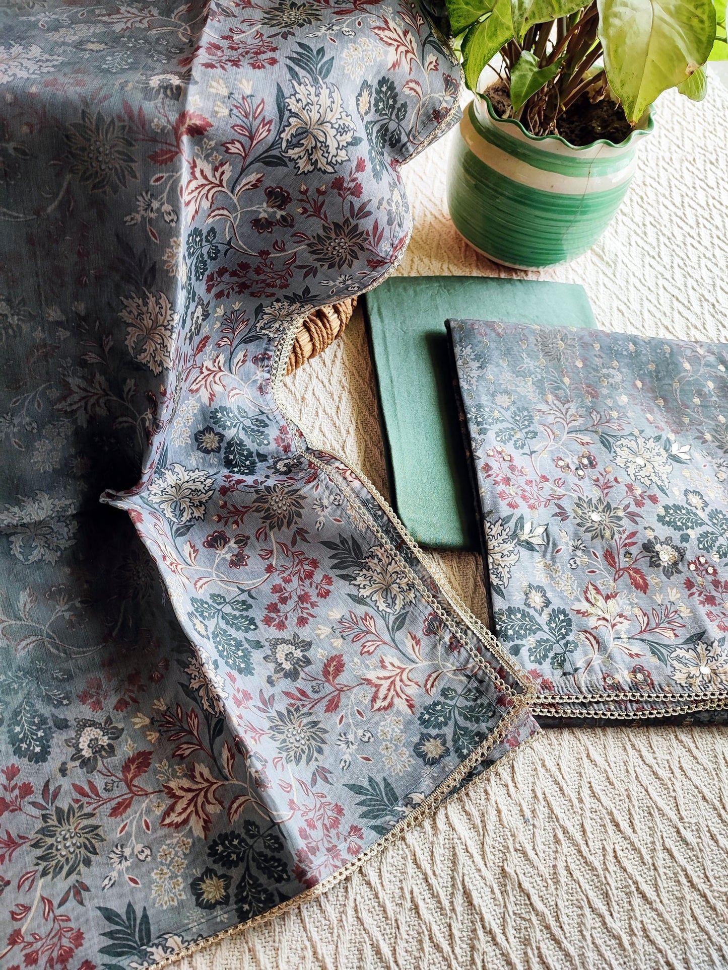 Steel Blue Chanderi Silk Suit with Self Weaving Pattern & Chanderi Dupatta