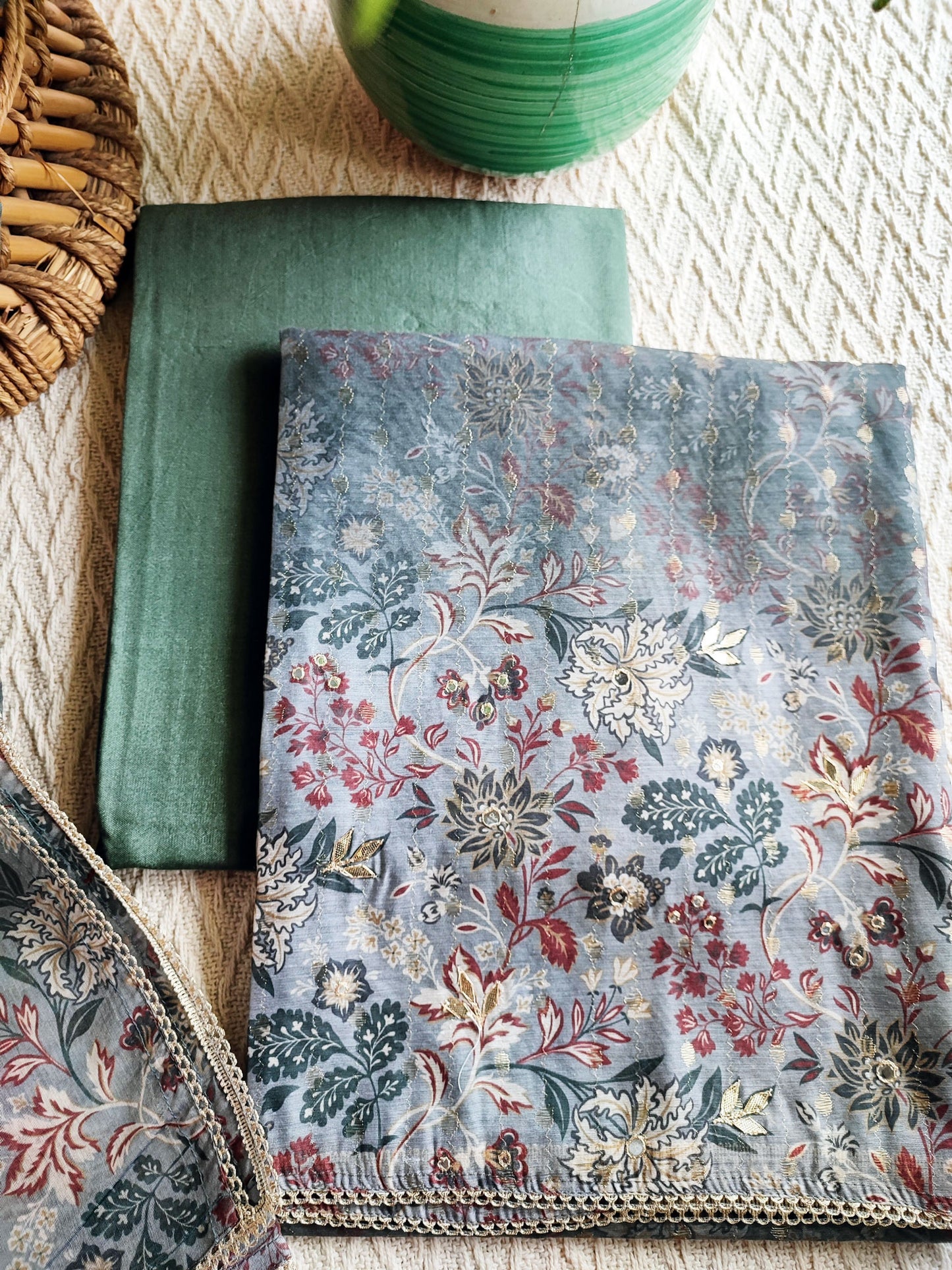 Steel Blue Chanderi Silk Suit with Self Weaving Pattern & Chanderi Dupatta