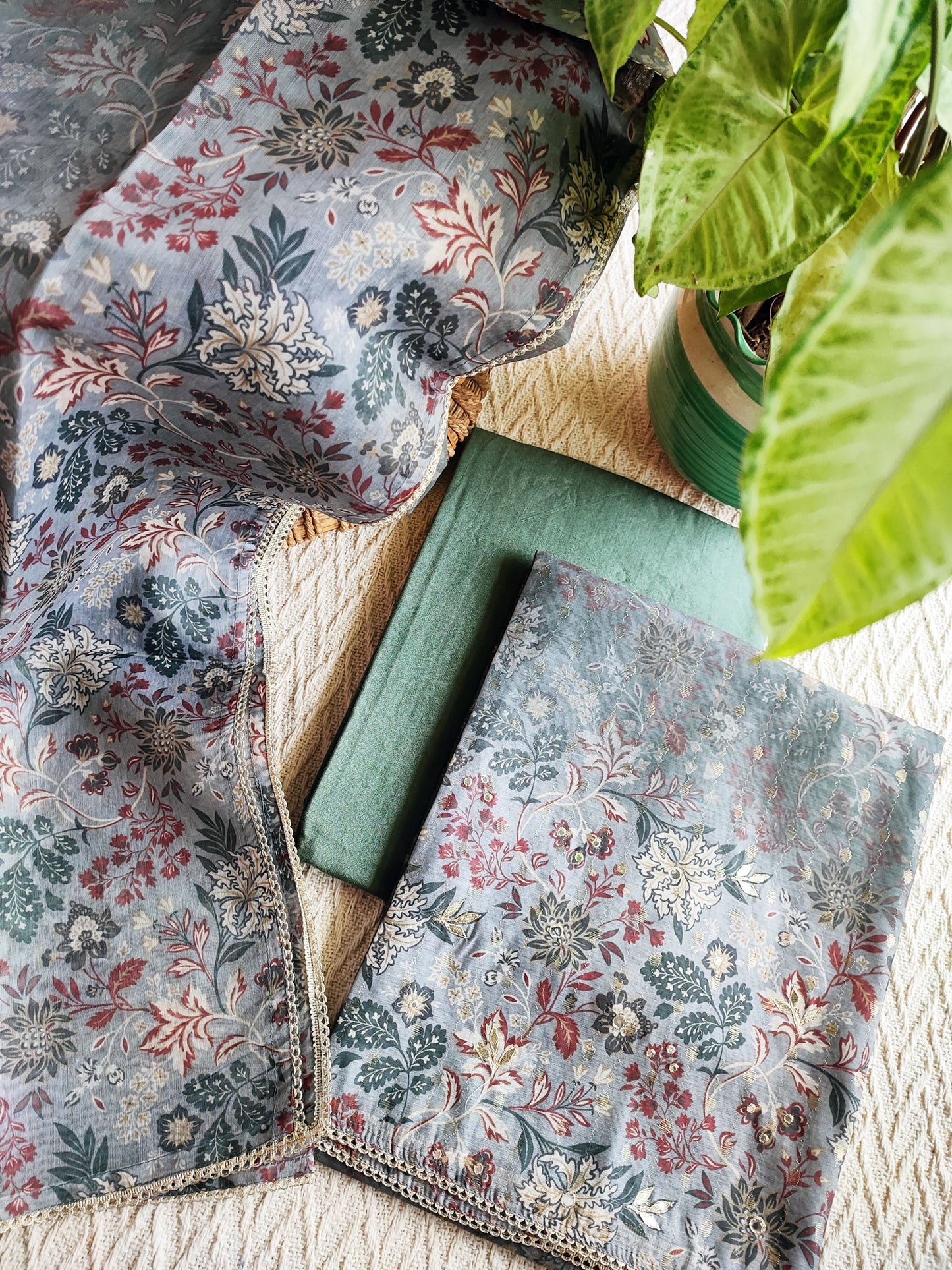 Steel Blue Chanderi Silk Suit with Self Weaving Pattern & Chanderi Dupatta