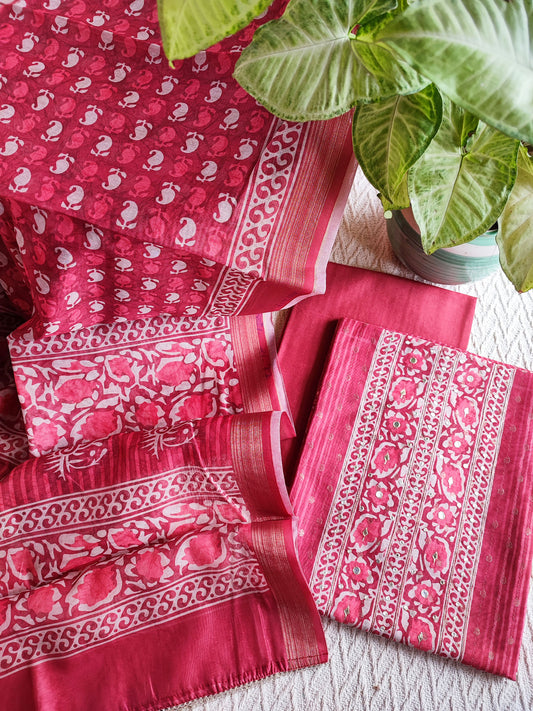 Cerise Pink Chanderi Silk Suit with Handblock Chanderi Dupatta