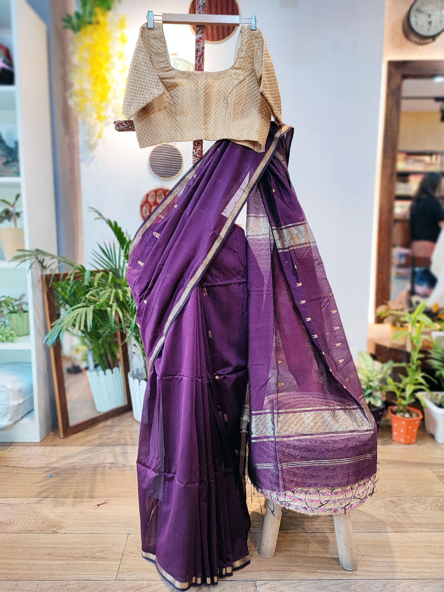 Midnight Purple Premium Maheshwari Silk Saree with Thin Zari Border