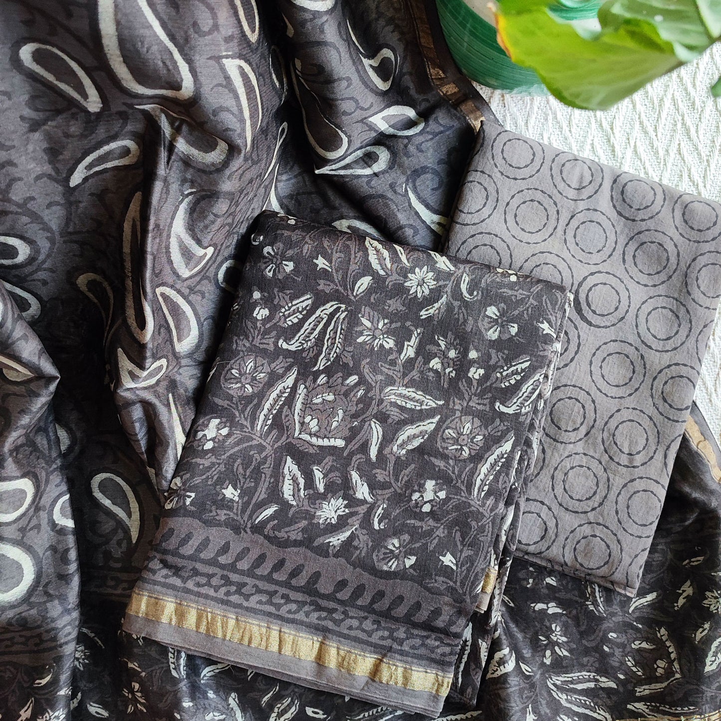 Grayish Brown Chanderi Silk Suits with Vanaspati Prints