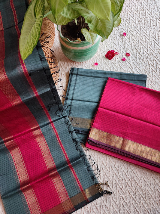 Steel Gray & Crimson Maheshwari Full Silk Suit Set